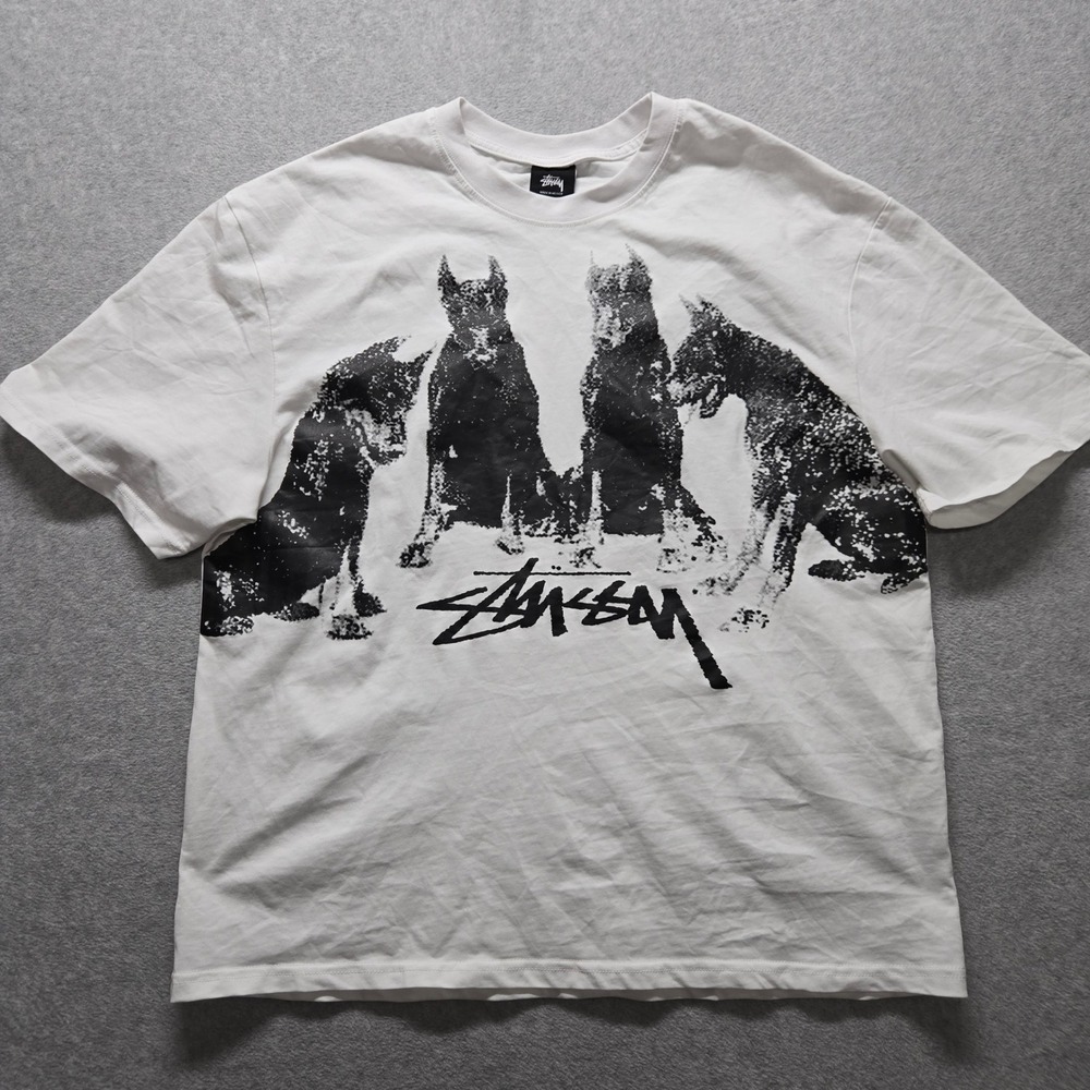 Stussy Doberman Graphic T-Shirt Mens Large White Short Sleeve Cotton Crewneck